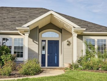 Gray Siding House Blue Front Door, Arch Entryway, Slate Gray Checkered Roof Landscaping Asset
